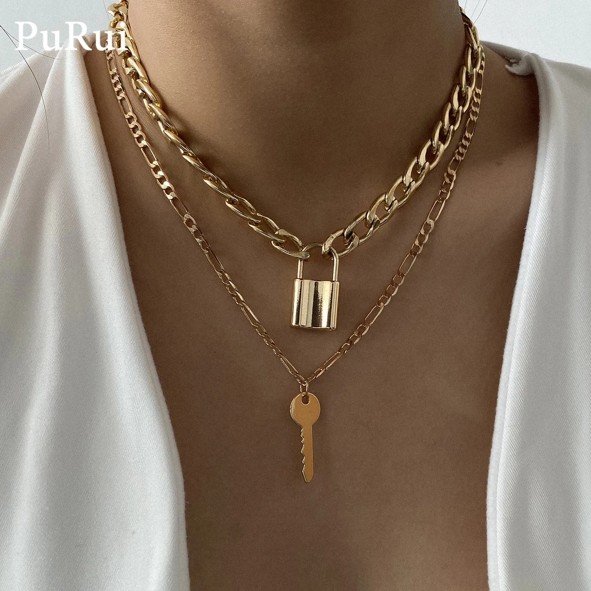 Long Cuban Link Chain Key/Lock Choker Necklace Punk Layered Padlock/Key Pendants Necklaces for Women Fashion Collar Jewlery 2021