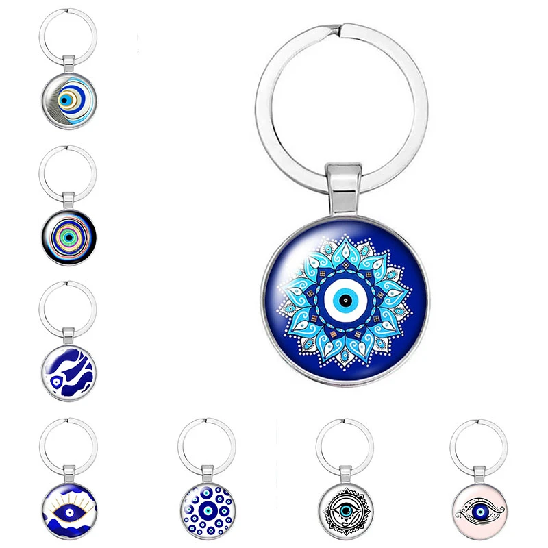 Beauty Blue Evil Eye Religious Photo Round Glass Cabochon Keychain Car Ring Holder Strap Gift Keychain