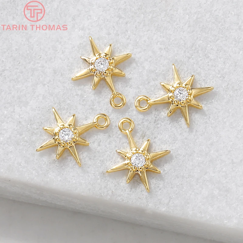 6PCS 11MM 24K Gold Color Plated Brass with Zircon explosion Six-star Charms Pendants High Quality Diy Jewelry Accessories