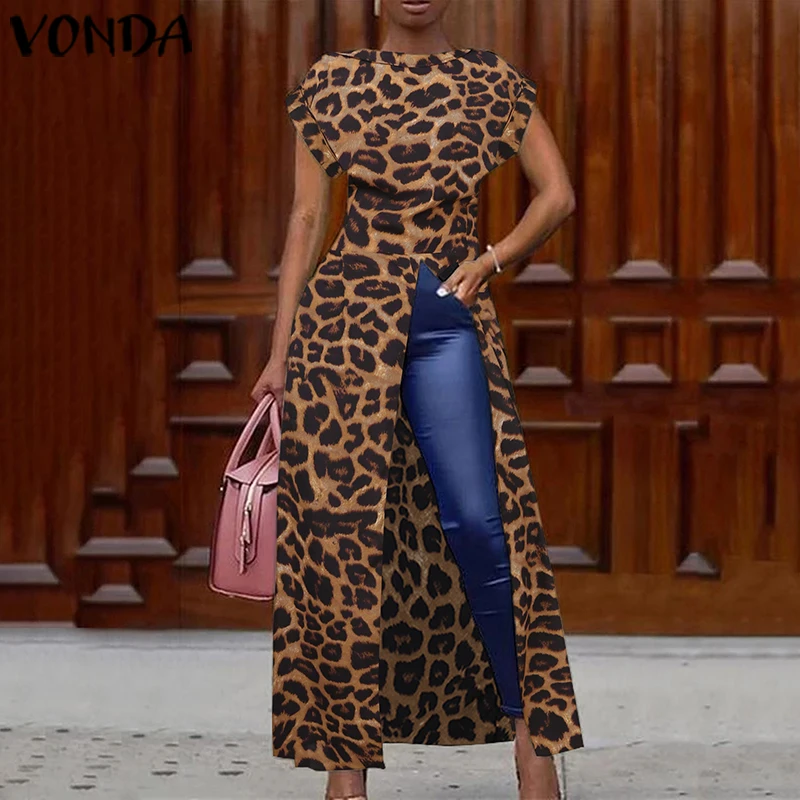 Elegant Leopard Blouse Women Tunic VONDA 2021 Female Tops Vintage Long Shirts Office Holiday Split Party Tops Blusas Femininas