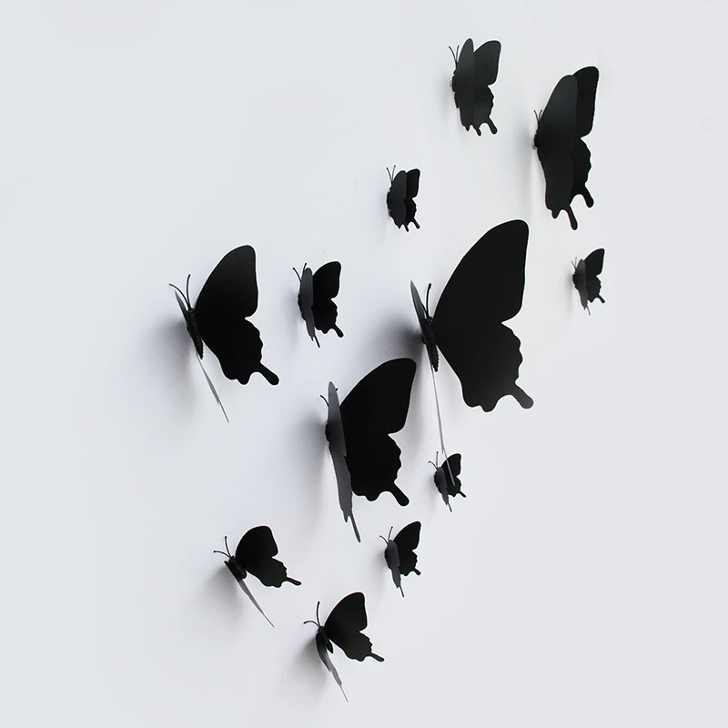 12Pcs/set 3D black Pteris Butterfly Wall Sticker living room Home Butterflies decorations Magnet stickers wedding decoration