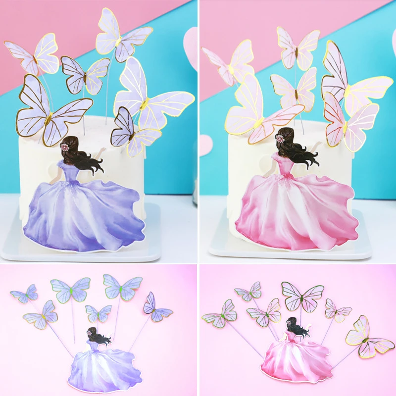 Cake Toppers Flags Beauty Butterfly DIY Cupcake Topper Kids Girl Happy Birthday  Wedding Bride Party Baby Shower Baking Decor