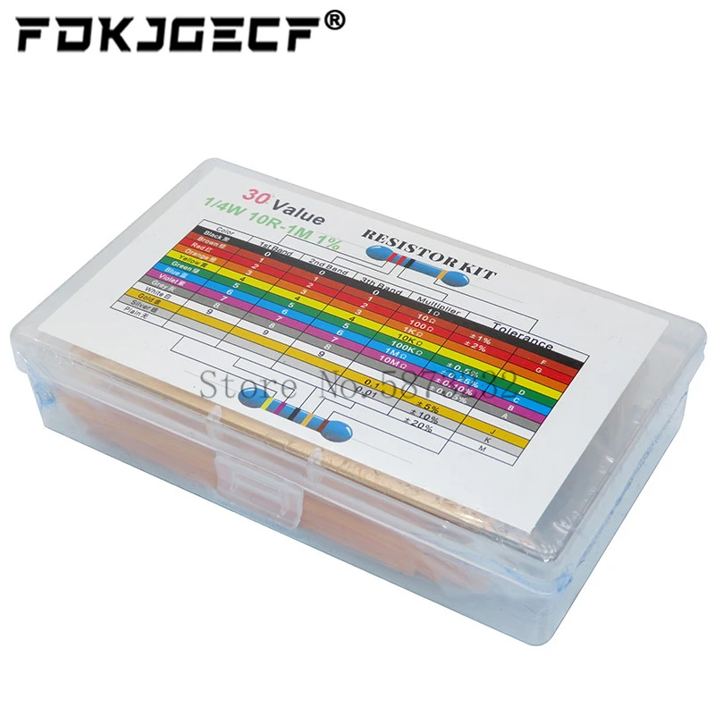 600PCS/LOT 1/4W Metal Film Resistor Kit 1% Resistor Assorted Kit Set 10 -1M Ohm hm Resistance Pack 30 Values each 20 pcs