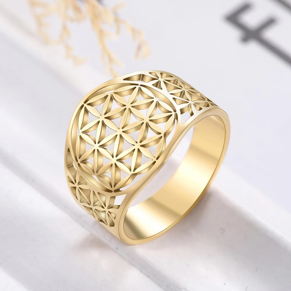 Skyrim Elegant Flower of Life Rings Viking Vintage Stainless Steel Golden Women Ring Wholesale Anniversary Valentine's Day Gift