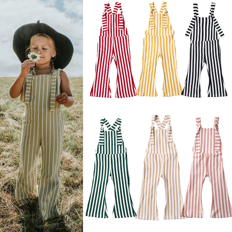 2020 New Toddler Kids Baby Girls Clothes Sleeveless Stripe Romper  Jumpsuit Flare Long Pants Overalls Summer Fall Kids Clothing