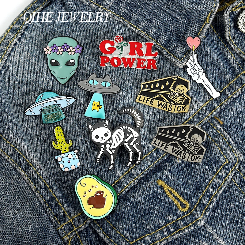 QIHE JEWELRY Skeleton Cat Enamel Lapel Pins Alien Avocado Cute Brooches Badges Fashion Pins Gifts for Friends Pins Wholesale