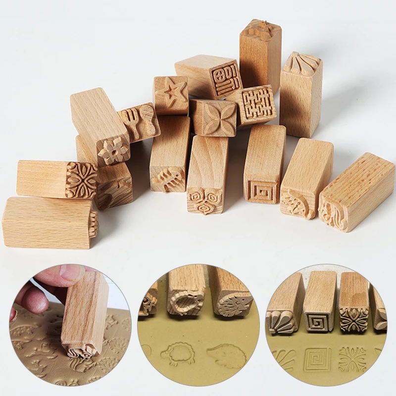 Hand Carved Wooden Stamps Wood Seal For Printing DIY Clay Pottery Printing Blocks Clay Tool Fish Bone / Squirrel / Flower / Deer