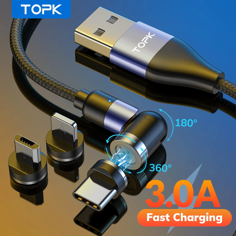 TOPK AM66 540° Magnetic Cable 3A Fast Charging Micro USB Type C Cable Magnetic Charger Cable For iPhone 11 12 Pro Max Xiaomi
