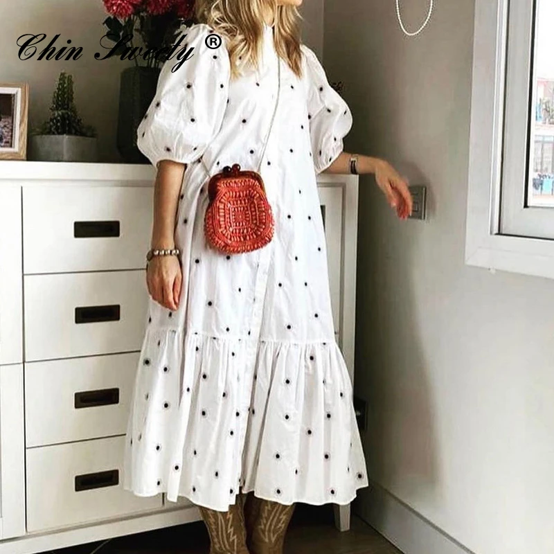 Dot Printed Oversize Long Dress Women Lantern Half Sleeve Butterfly Dresses Female Summer 2021 New Sweet Casual Ladies Clothes