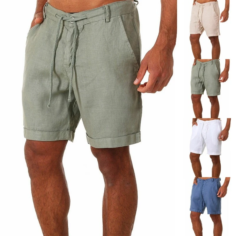 2021 New Men's Casual Fashion Flax High Quality Shorts Linen Solid Color Short trousers Male Summer Beach Breathable Flax Shorts