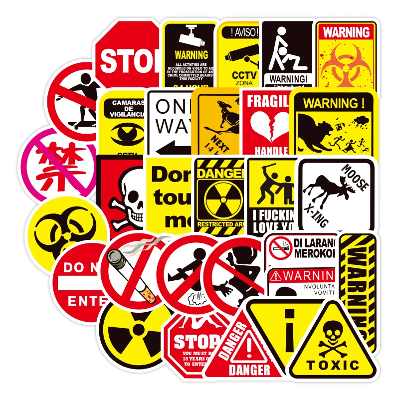 50 Pcs Warning Signs Stickers for Laptop Motorcycle Bike Luggage Guitar Home Decor DIY Danger Banning Reminder Funny Sticker