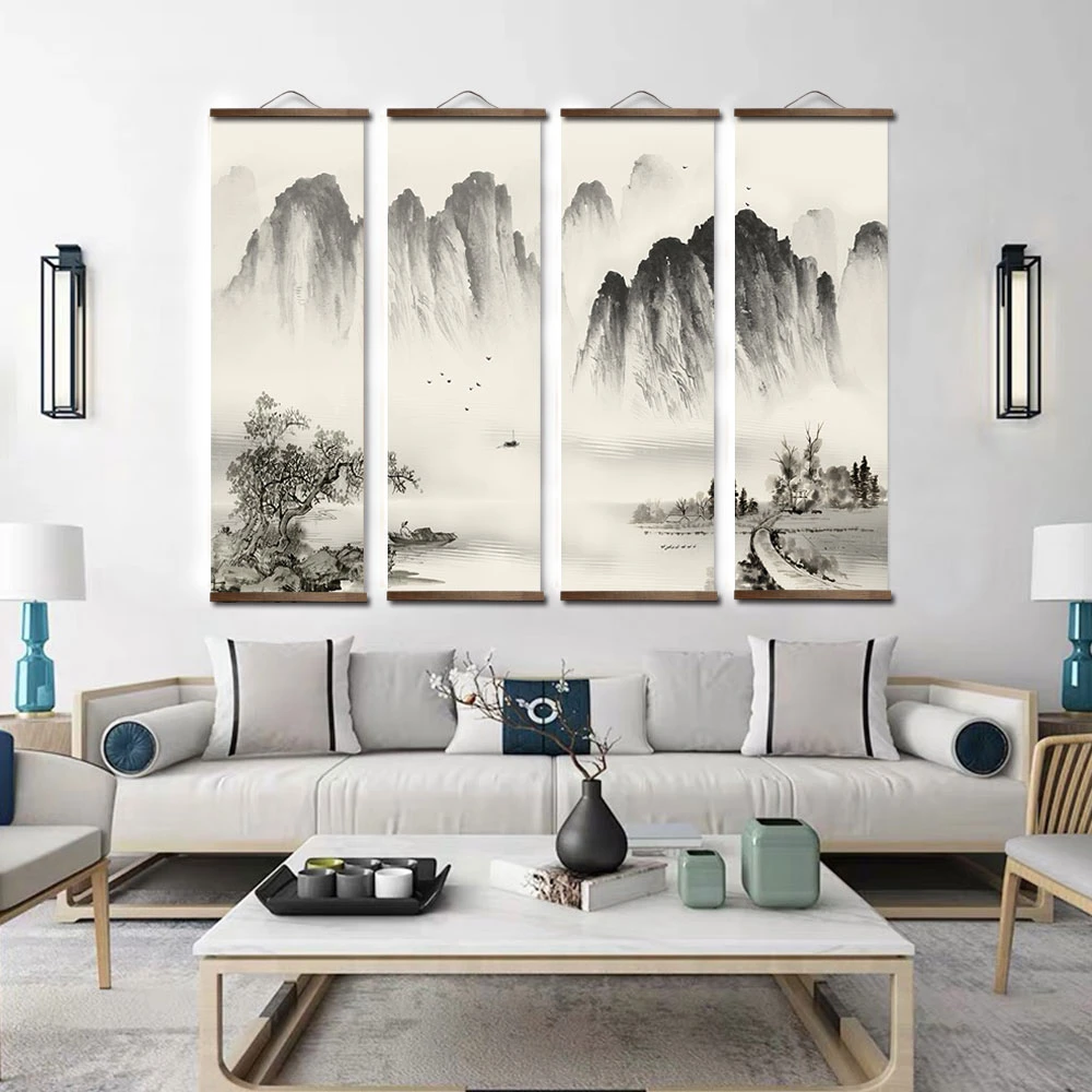 Chinese Style Ink Painting Alpine Canvas Decorative Painting Bedroom Living Room Wall Art Posters Solid Wood Scroll Paintings