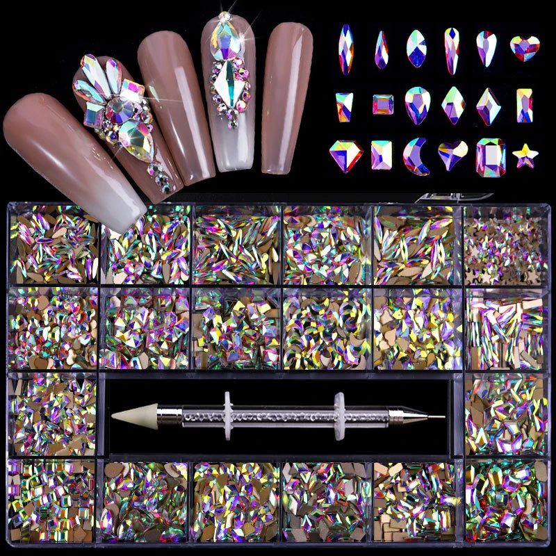 Luxury Shine Diamond Nail Art Rhinestones Crystal Decorations Set AB Glass 1pcs Pick Up Pen In Grids Box 21 Shape About 3100pcs