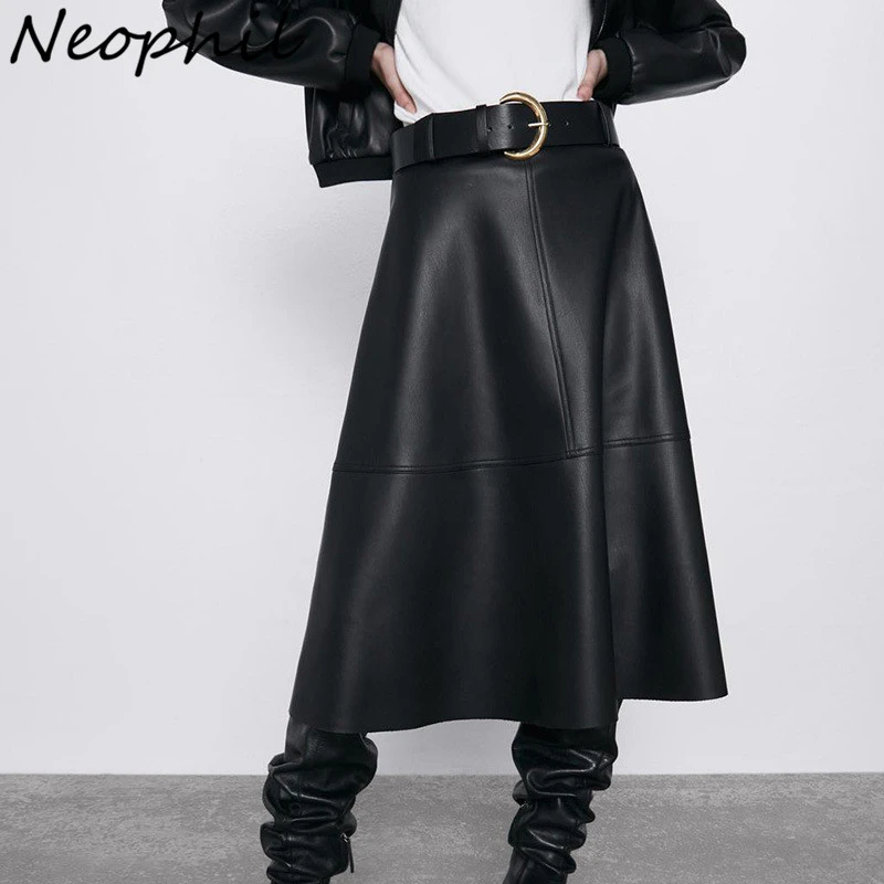 Neophil Vintage Women PU Faux Leather Midi Skirts Latex Jupe Longue Winter Fashion A-Line High Waist Black Belt Long Skirt S9730