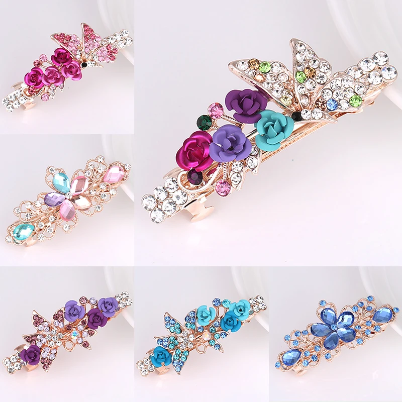 Fashion Crystal Hairpins For Women Sequin Rose Flower Hair Bows With Clips Rhinestone Hair Barrettes Hair Accessories