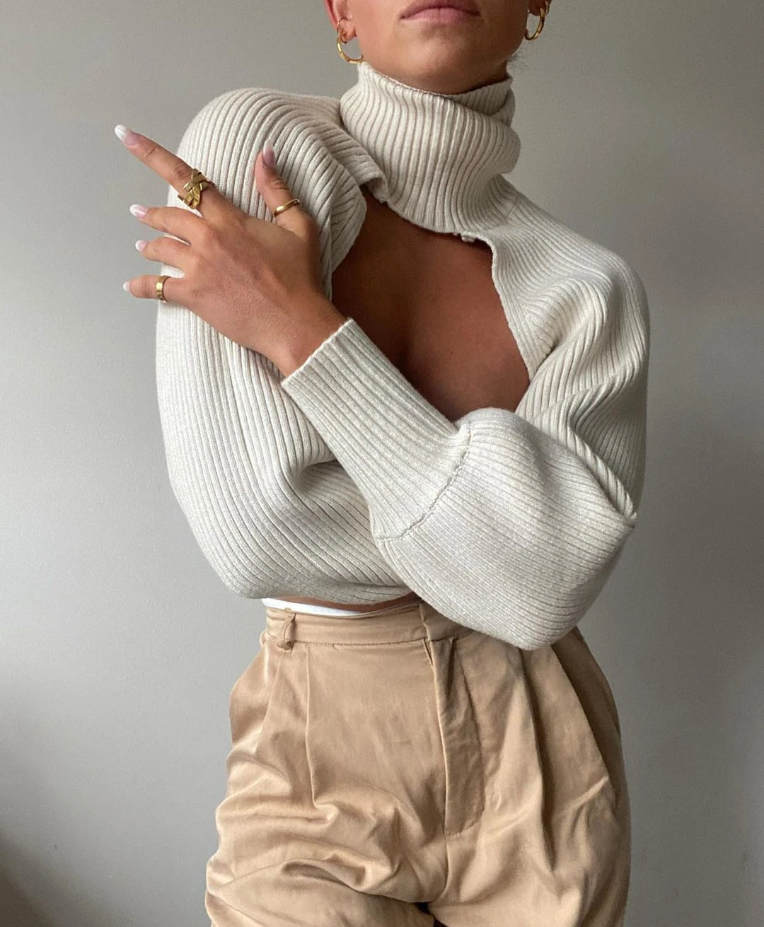Female Sweater Solid High Collar Long Puff Sleeve Knitwear Pullover for Women Apring Autumn Y2K Aesthetic Crop Top Halter Top