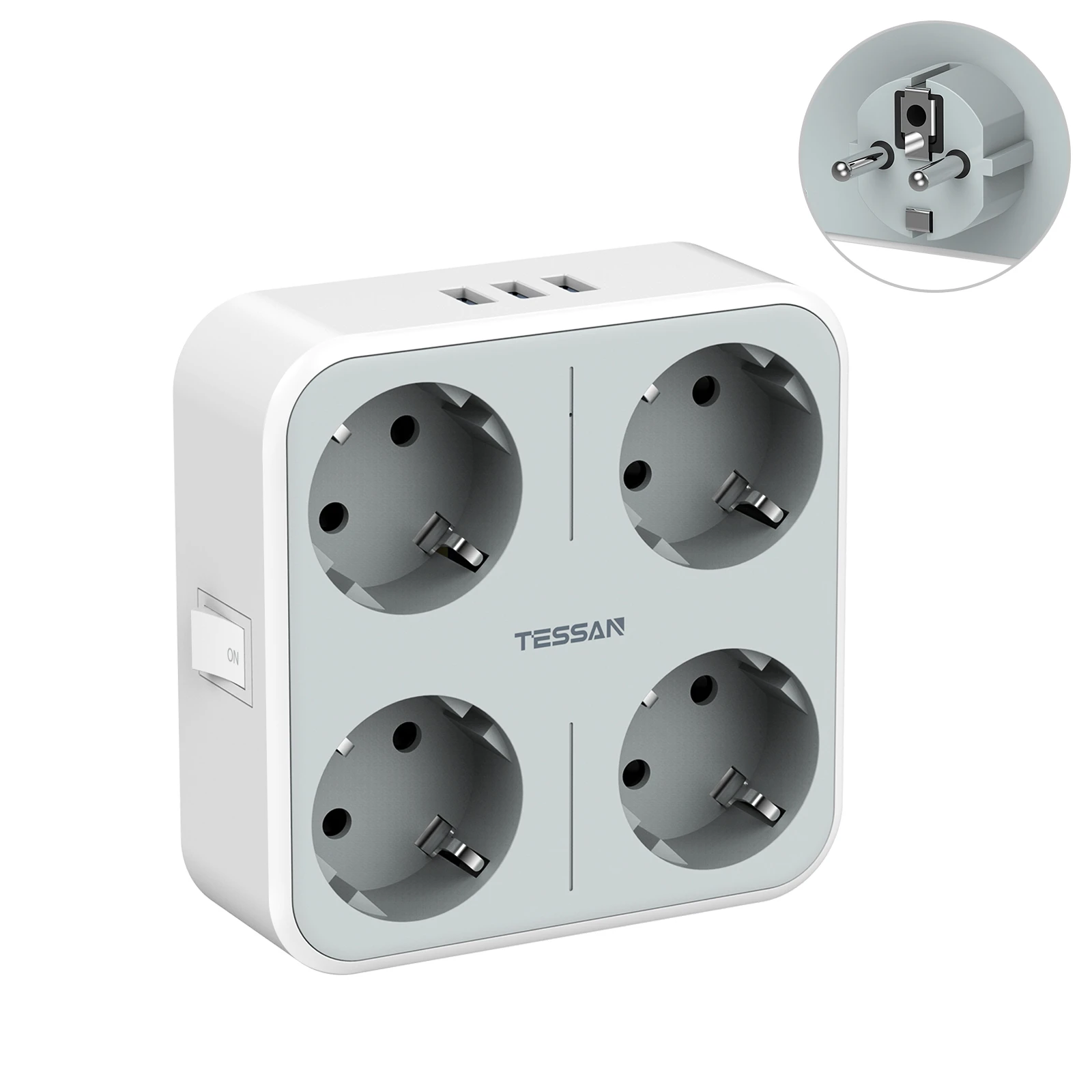 TESSAN Multi Outlets Expander Wall USB Socket EU Plug Power Strip with 4 Outlets 3 USB Ports and On/Off Switch