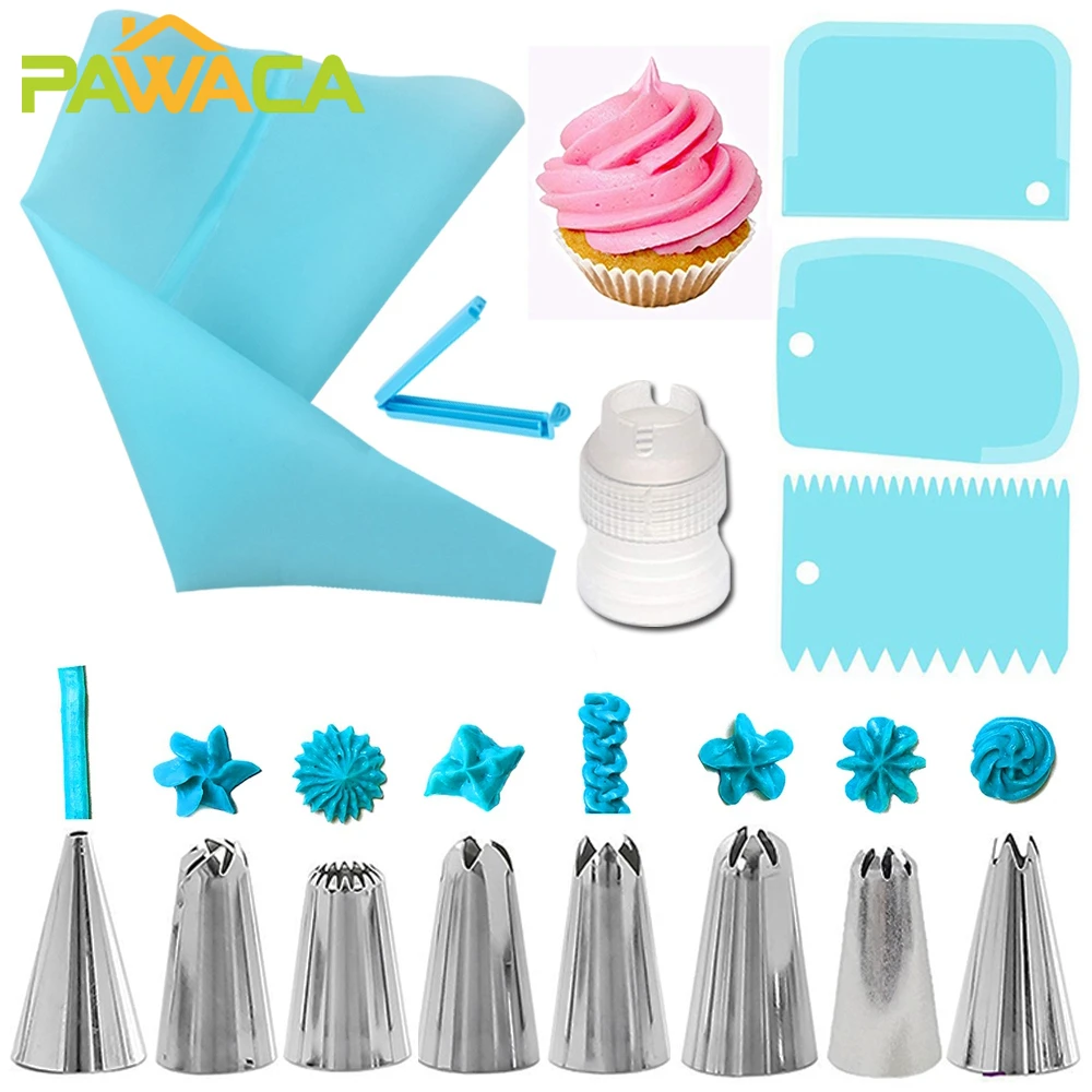 14pcs Cake Decorating Kit Piping Tips Silicone Pastry Icing Bags Nozzles Cream Scrapers Coupler Set DIY Cake Decorating Tools