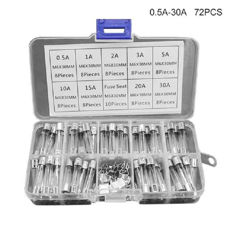 72pcs 6x30mm Fast-blow Glass Fuses Quick Blow Car Glass Tube Fuses Assorted and 10pcs fuse seat 6*30 home fuse with box