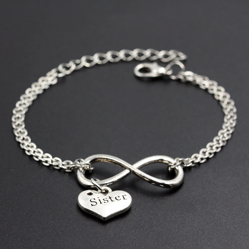 2020 New Sister Heart Charms Bracelets DIY Handmade Link Chain Infinity Bracelets for Women Fashion Jewelry Gift