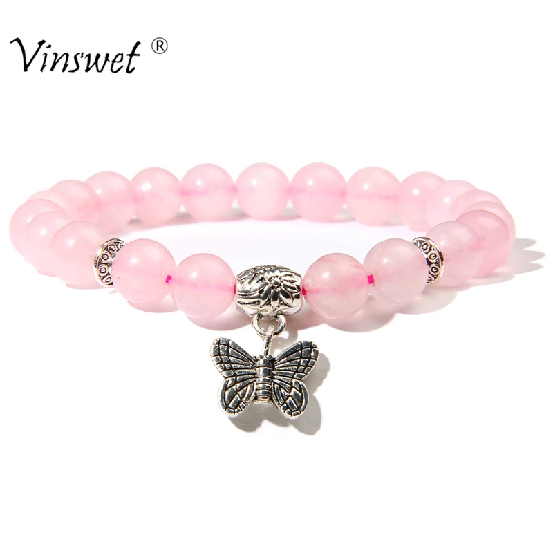 Women Bracelets Natural Pink Quartz Stone Beads Bracelet Butterfly Pendant Charm Pulsera For Homme Jewelry Men Elastic Bangles