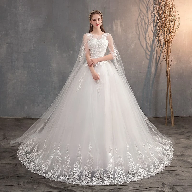 2021 Chinese Wedding Dress With Long Cap Lace Wedding Gown With Long Train Embroidery Princess Plus Szie Bridal Dress
