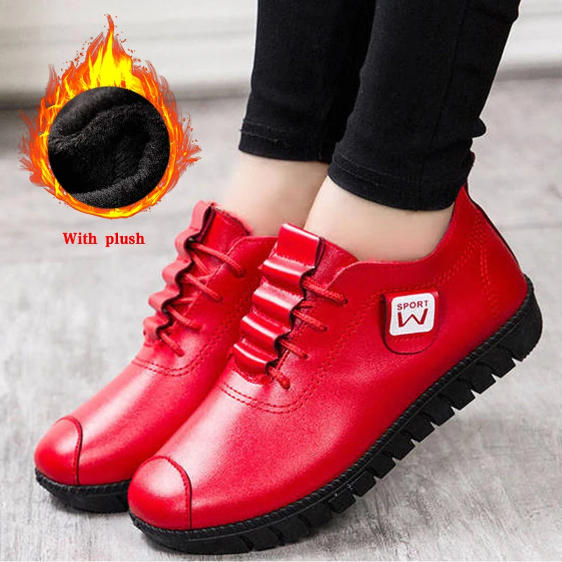 Women's Shoes 2021 Sneakers Autumn Winter Pu Leather Woman Flat Shoes Lace up Ladies Sewing Plush Warm Walking Female Footwear