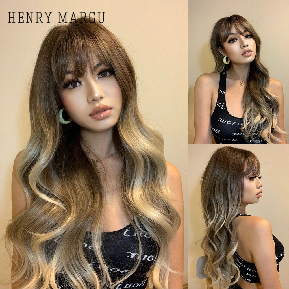 HENRY MARGU Long Brown Blonde Ombre Synthetic Wigs With Bangs Natural Wave Wigs for Women Heat Resistant Party Daily Cosplay Wig