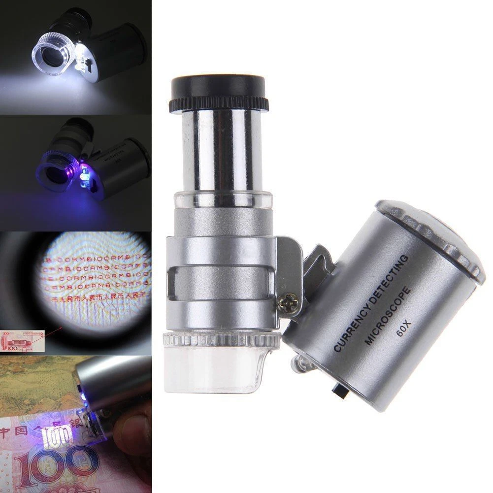 LED Jewelry Glass Microscope 60X Magnification Magnifier Lens Loupes Pocket Mini UV Light for Inspecting Diamond Stamp etc