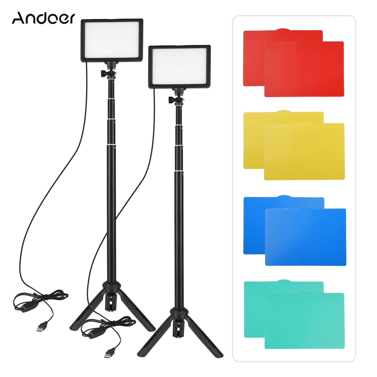 Andoer 2pcs USB LED Video Light Kit Photography Lighting 3200K-5600K 120pcs Beads 14-level Dimmable with 148cm/58in Tripod Stand