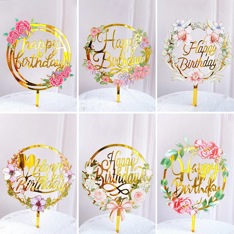 New Happy Birthday Cake Topper Golden Acrylic DIY Birthday party Dessert Cakes Decoration For Baby Shower Cake Toppers Supplies