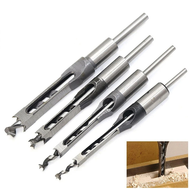 4PCS HSS Twist Drill Bits Square Auger Mortising Chisel Drill Set Square Hole Woodworking Drill Tools Kit Set Extended SawTP-021