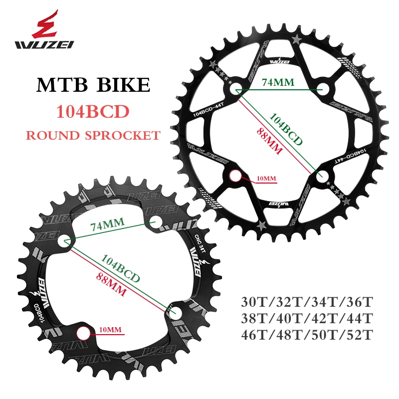 WUZEI 104BCD Round Shape Chainrings 30T 32T 34T 36T 38T 40T 42T 44T 46T 48T 50T 52T Narrow Wide Chain Wheel MTB Bicycle Parts