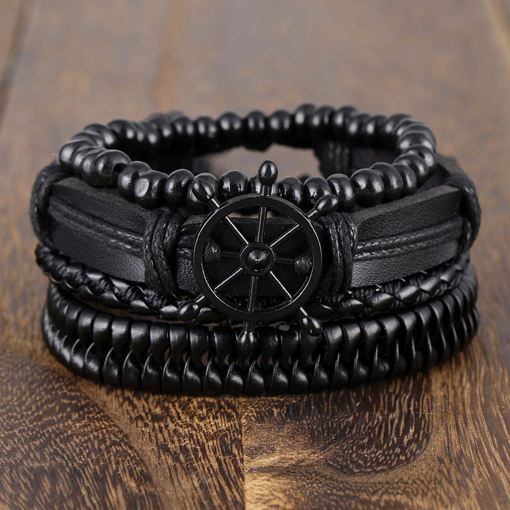 IFMIA Mix 4Pcs/ Set Braided Wrap Leather Bracelets for Men Women Vintage Wooden Beads Ethnic Tribal Wristbands Bracelet Gift for