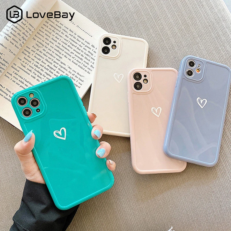 Love Heart Camera Protection Phone Case For iPhone 11 12 13 Pro SE 2020 7 8 Plus X XR XS Max Candy Color Glossy Soft TPUCover