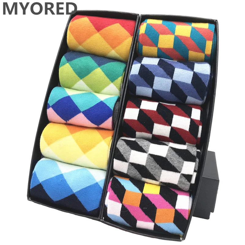 MYORED mens colorful casual dress socks combed cotton striped plaid geometric lattice pattern fashion design high quality