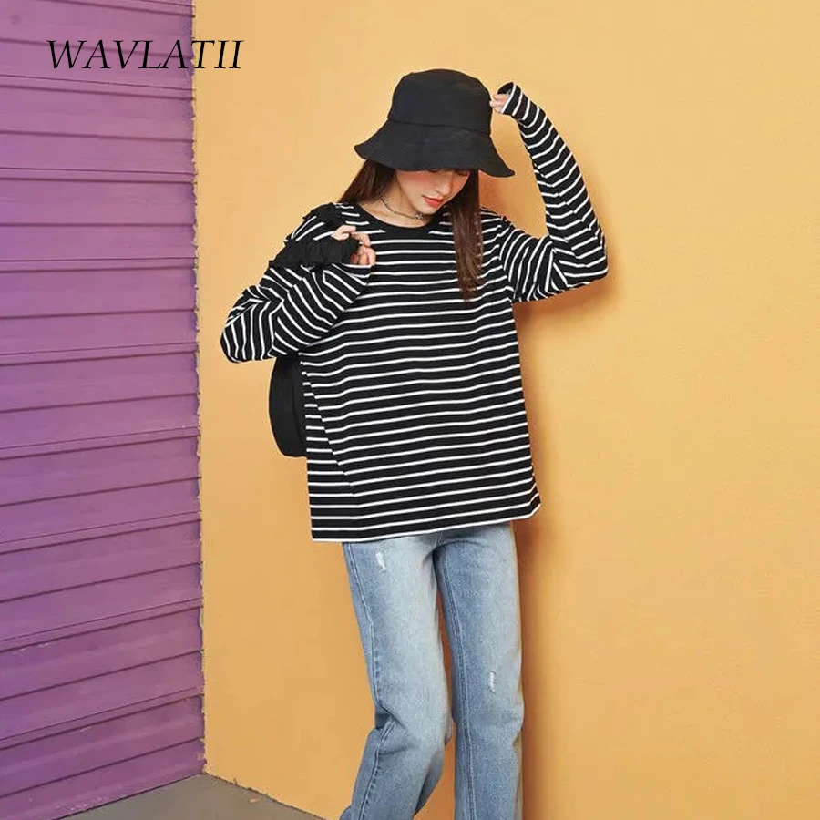 WAVLATII Women 2021 New Long Sleeve T shirts Female Cotton White Black Striped Tees Lady Oversized Spring Casual Tops WLT2107