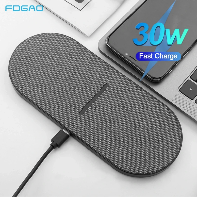 2 in 1 30W Dual Seat Qi Wireless Charger for Samsung S21 S20 Double Fast Charging Pad For iPhone 13 12 11 XS XR X 8 Airpods Pro