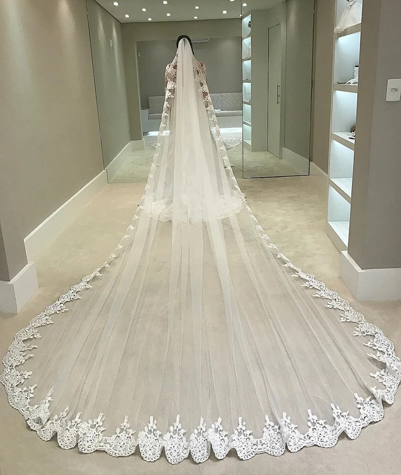 White Ivory 4 Meters Long Full Edge Lace Wedding Veil One Layer Tulle Bridal Veil with Comb Wedding Accessories Veu De Noiva