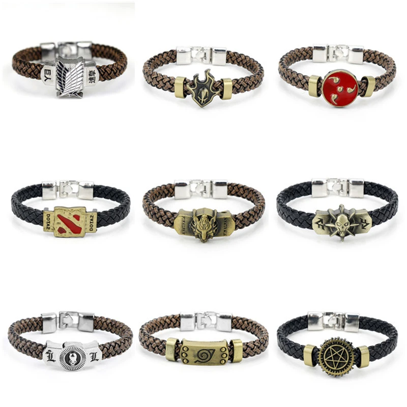 Anime Game Attack On Titan Black Butler Detective Conan DOTA 2 Final Fantasy Leather Braided Charm Bracelet Woven Bangles