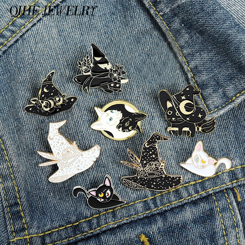 Witch Enamel pins Collection Witch Hat and Cat Pins up Crescent Moon Black Gothic Lapel pins Wiccan Brooches Witches jewelry