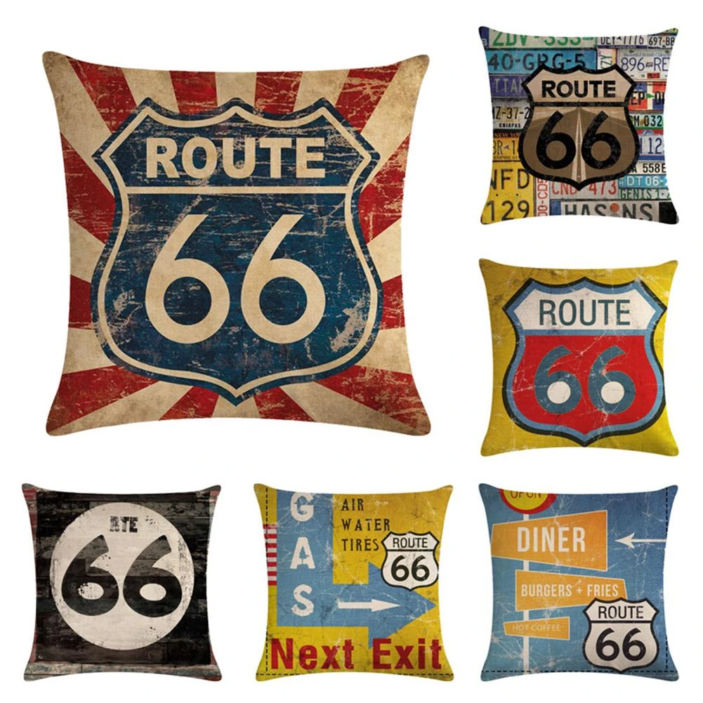 Vintage Route 66 Linen Pillow Case Soft Cushion Cover Sofa Home Office Decor