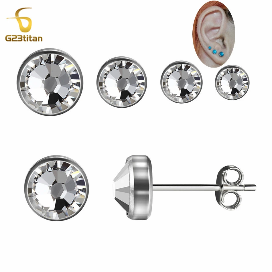 Hypoallergenic F136 Titanium Earrings for Men Women Girls 3-8mm 12 Colors Crystal Earring Grey Titanium Studs 3 Hole Piercings