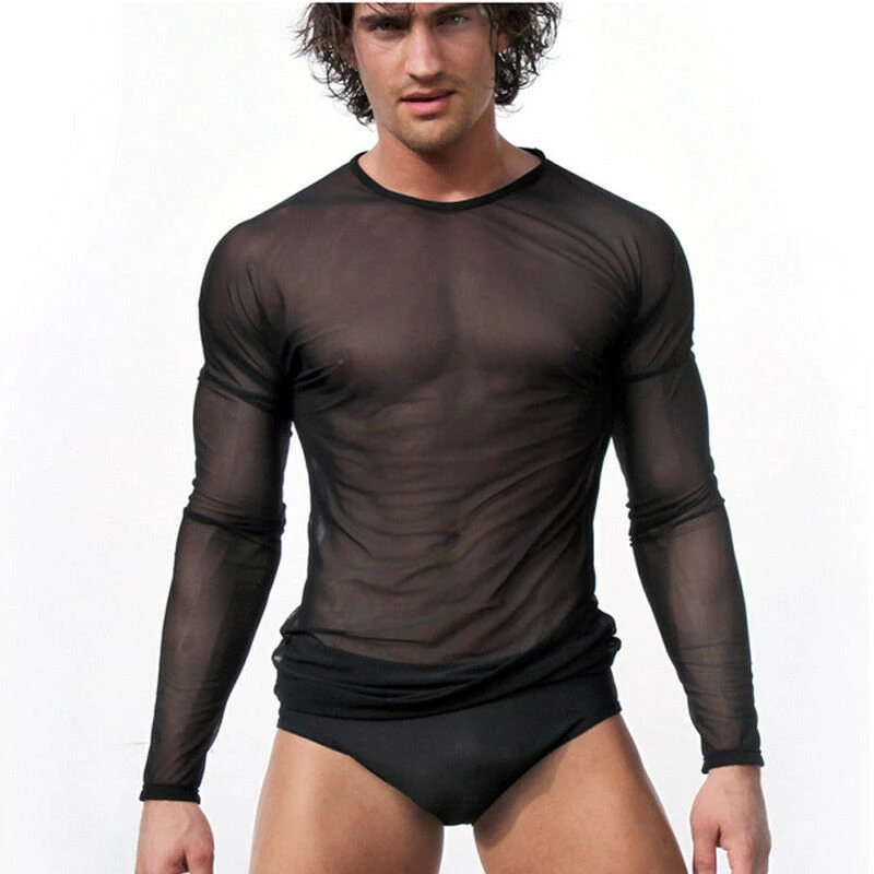 Hirigin Mens Undershirt Gay clothing Nylon Mesh Shirt See Through Sheer Long Sleeves T Shirts Sexy transparent shirt Underwear