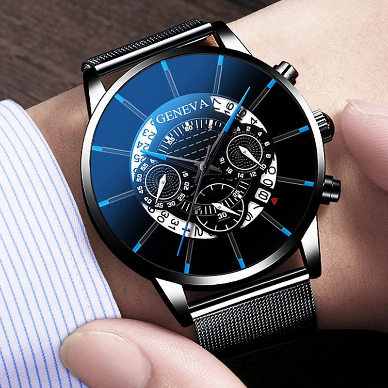 Luxury Hollow out Men's Fashion Business Calendar Watches Blue Stainless Steel Mesh Belt Analog Quartz Watch relogio masculino
