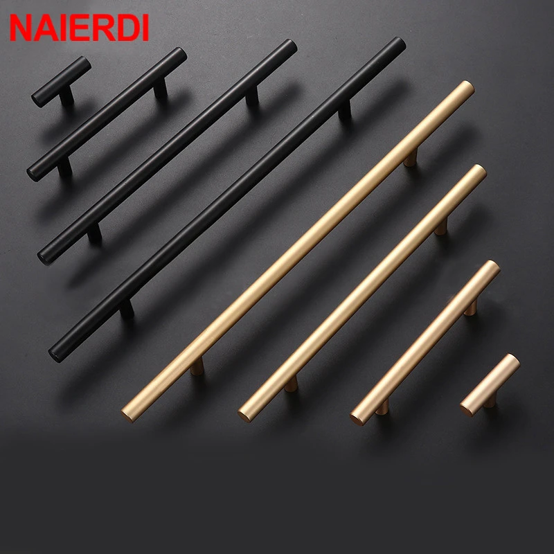 NAIERDI Brushed Gold Straight Door Handle Cabinet Handles Stainless Steel Black Kitchen Cabinet Knobs Furniture Hardware