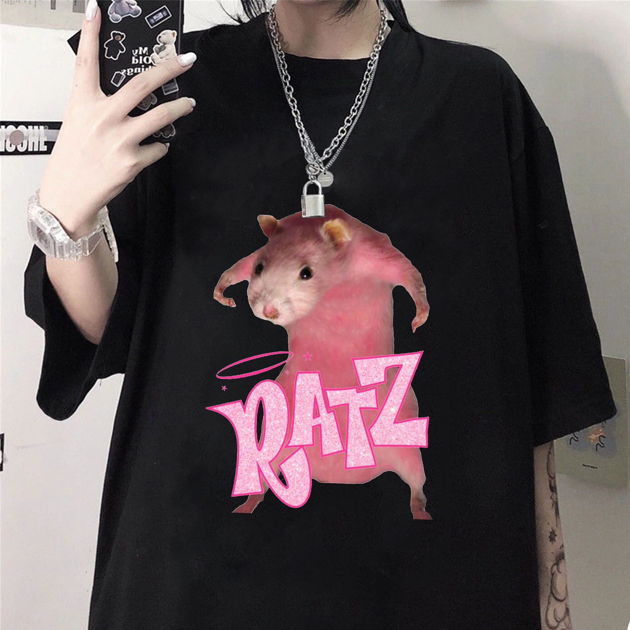 футболка Harajuku Vintage Crop Tops Women Short Sleeve Cotton RATZ letter anime print y2k tops tshirts kawaii Oversized t-shirt