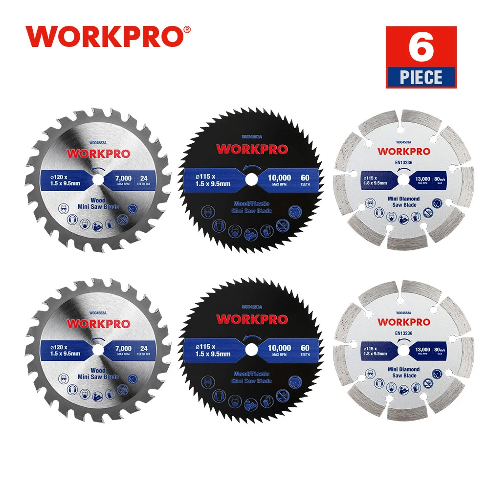 WORKPRO 6PC Mini Saw Blade Set TCT/65MN/DIAMOND Electric Circular Saw Blades for Plastic Masonry Concrete Wood Cutting