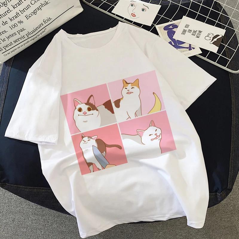 Cat Kawaii Anime Graphic Print T-shirt Women 2020 New Summer Fashion Korean Tshirt Harajuku Aesthetic White Tops Female T Shirt