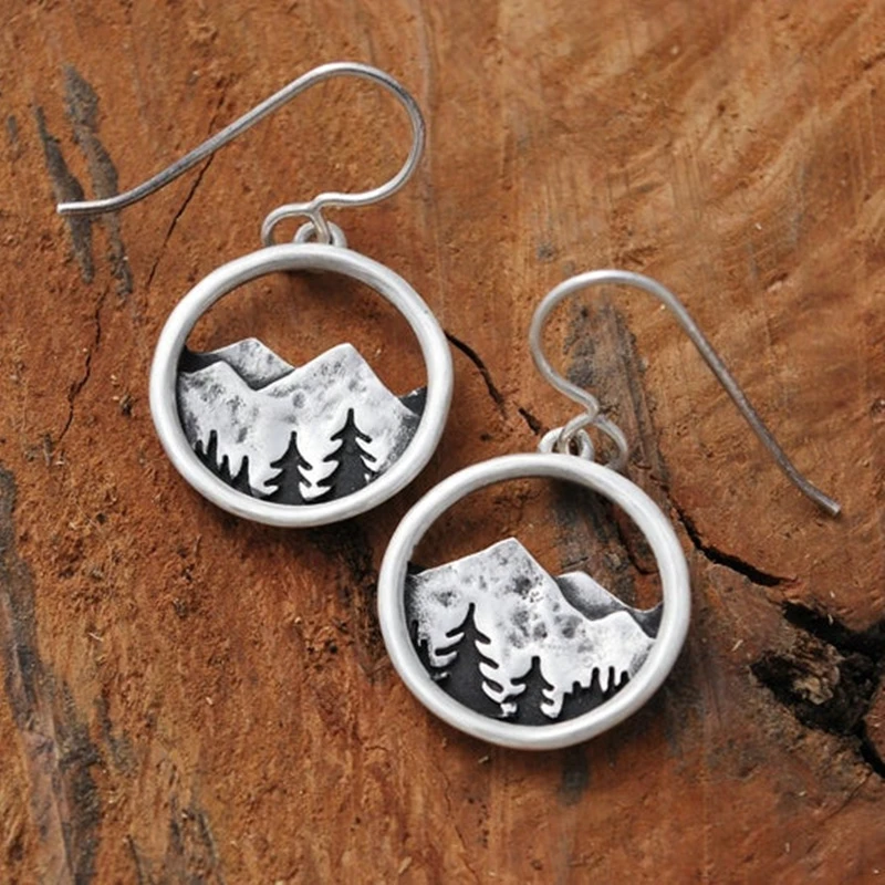 Alpine Dreamer Drop Earrings Silver Color Mountain and Pines Round Dangle Earrings for Women Wedding Fashion Jewelry Gifts